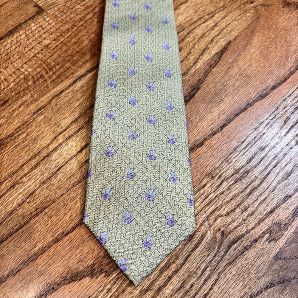 Paul Fredrick 100% Italian Silk Tie Green Purple Floral Hand Tailored‎ USA 3.5"